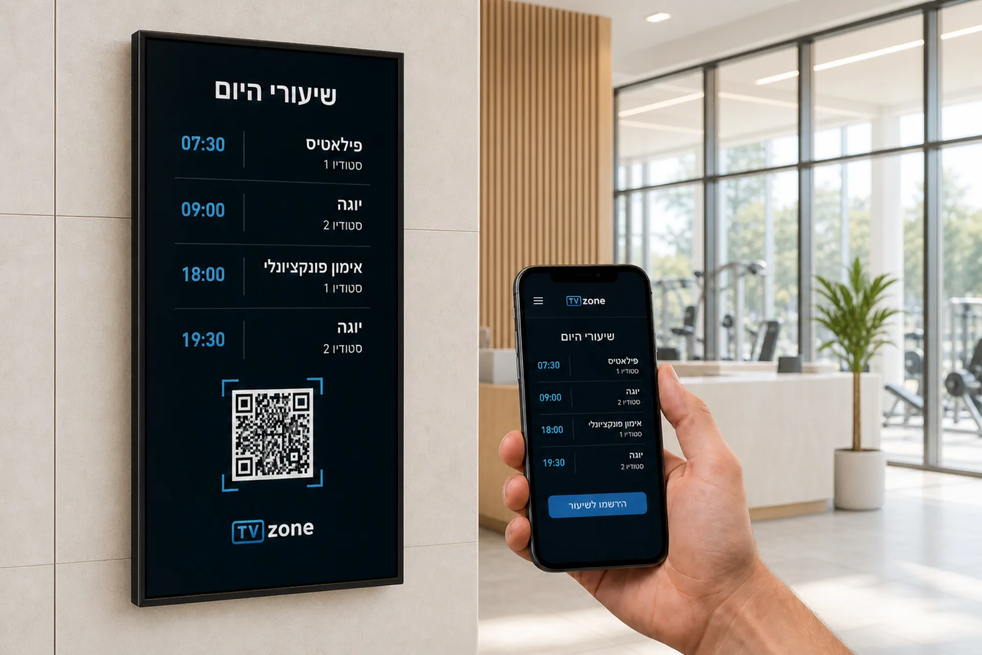 לוח שיעורי היום על מסך בלובי חדר כושר, ואותו לוח בטלפון עם כפתור הרשמה